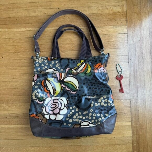 Fossil Handbags - Fossil Key-Per Brown Floral Coated Canvas Double Top Handle Shoulder Strap Tote